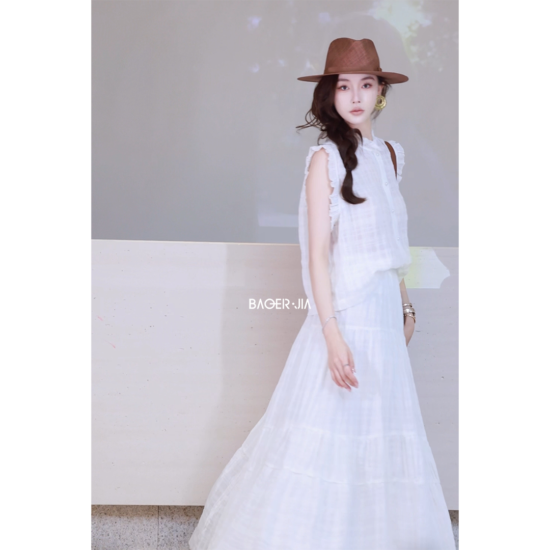 BAOERJIA「宝儿家」BF123626205夏季亚麻天丝木耳边温柔裙子套装