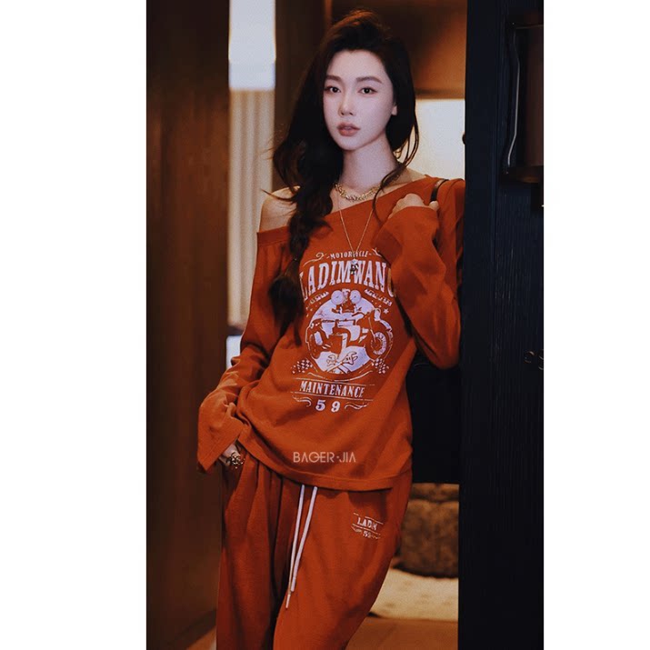 美式复古氛围感机车印花时尚套装