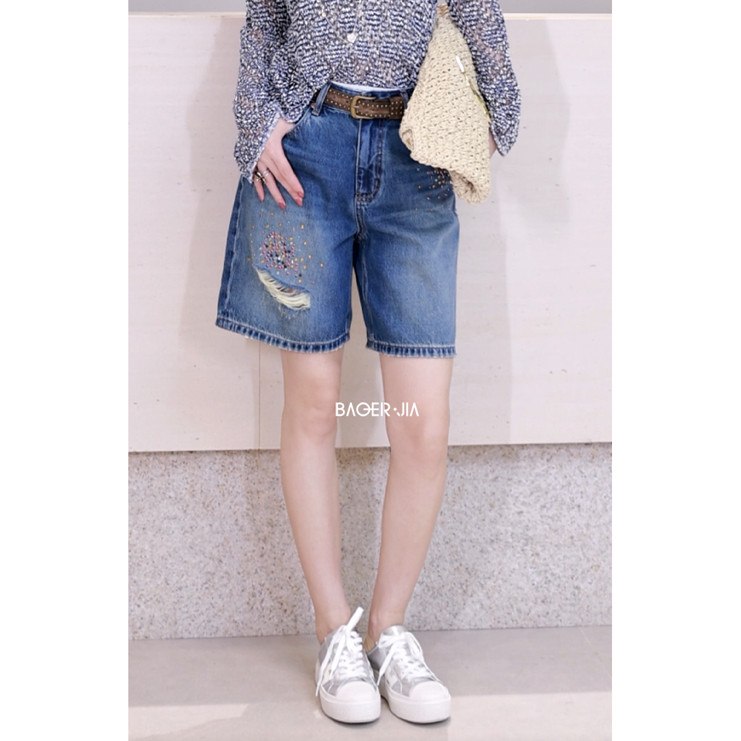 新款100%棉彩钻牛仔短裤
