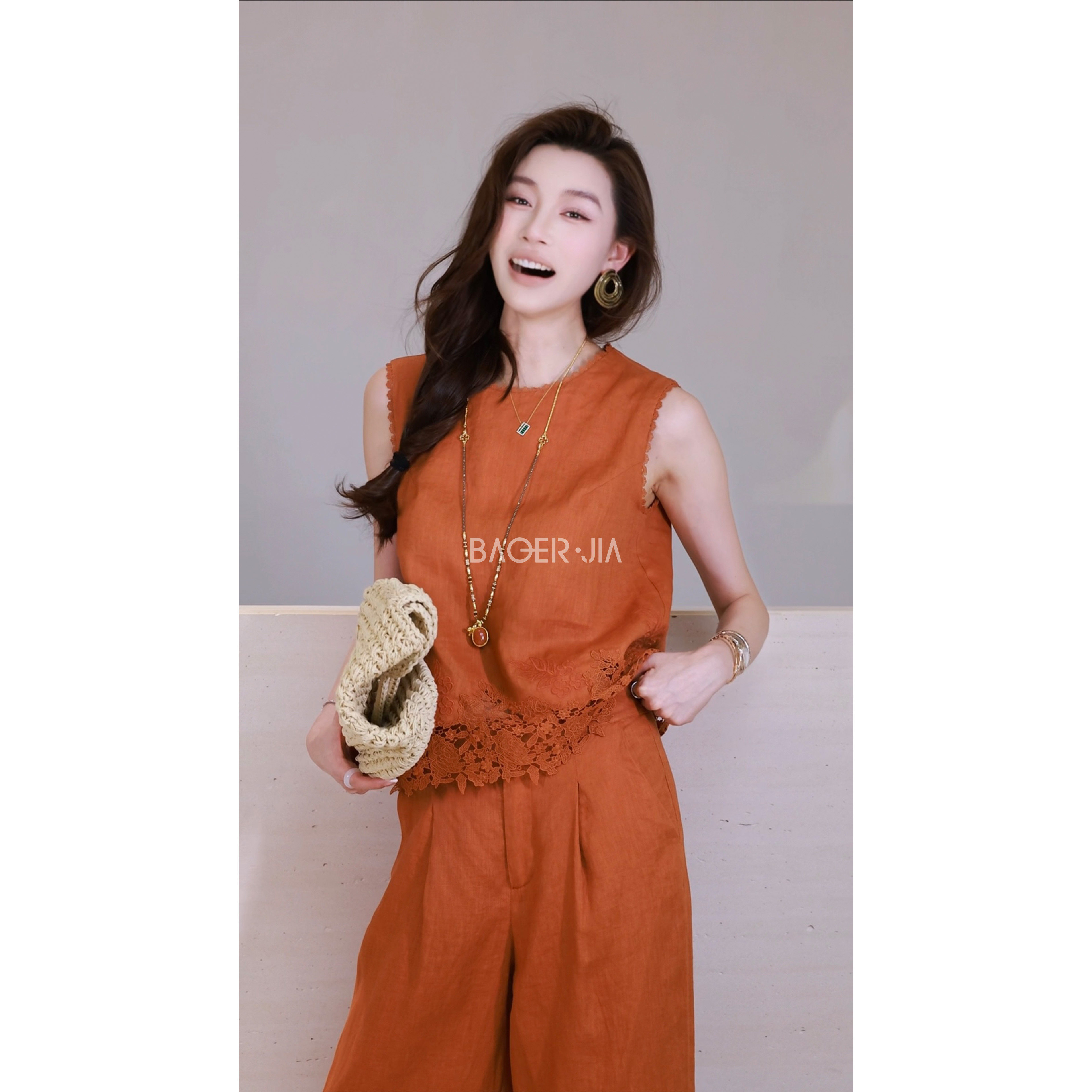 BAOERJIA「玫瑰蕾丝套装」BF122126205XQ亚麻玫瑰蕾丝九分裤套装