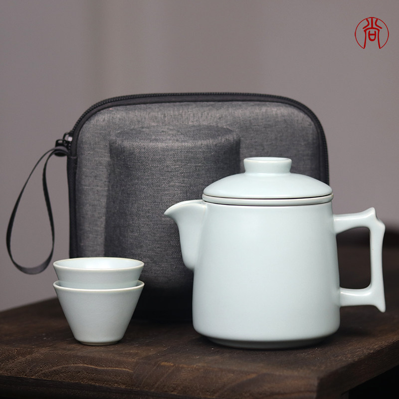 汝窑快客杯一壶四杯旅行茶具一套装泡茶杯茶水分离带过滤陶瓷杯子