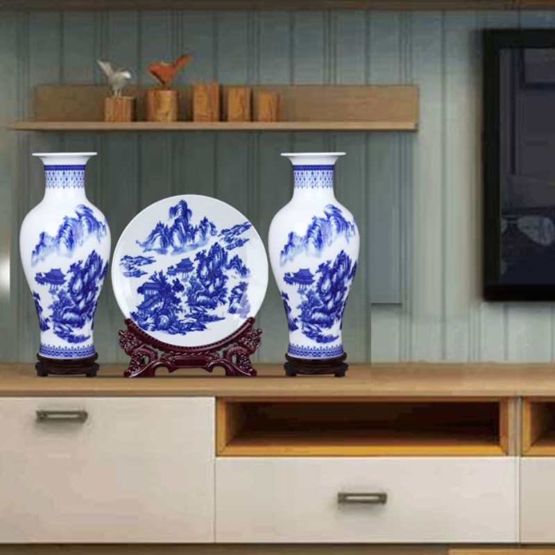 景德镇青花瓷陶瓷花瓶大号三件套新中式摆件酒柜装饰品客厅插花