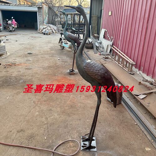 铸铜仙鹤雕塑一对定制纯铜动物丹顶鹤户外园林景观水景水禽玻璃钢