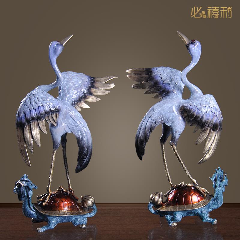必禧利纯黄铜鹤踏龙龟鹤摆件乌龟桌面装饰品仙鹤玄关彩绘工艺品