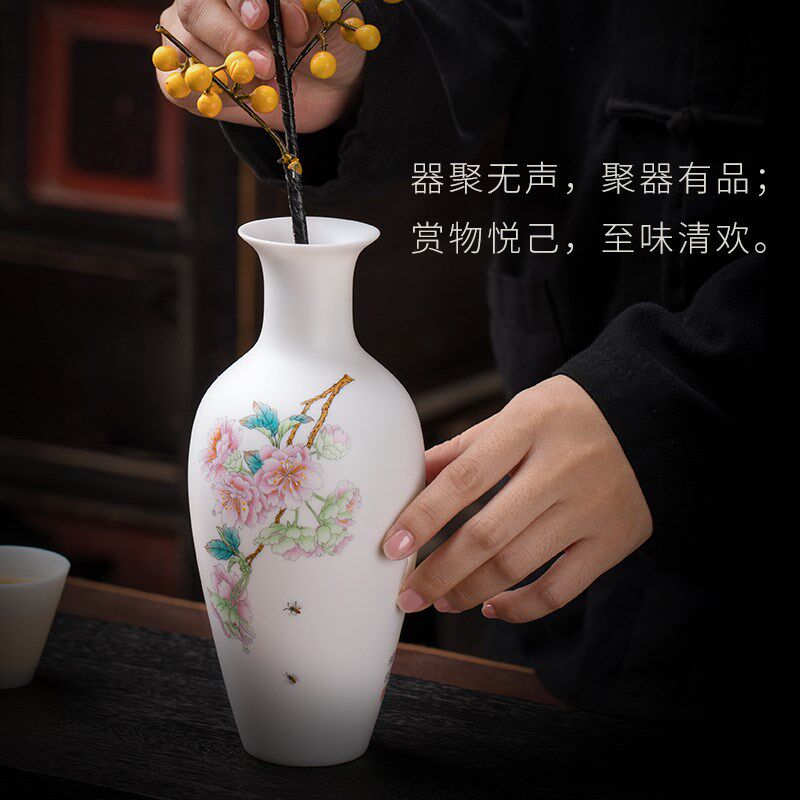 东方泥土《樱雪飘香》庄晓明大师手绘中式陶瓷小花瓶客厅装饰摆件