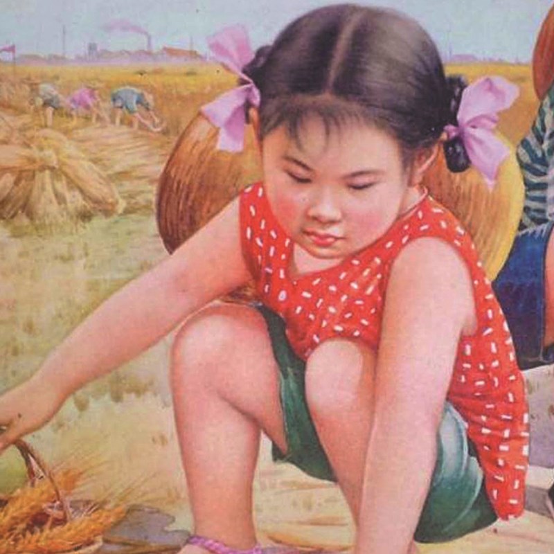 80年代怀旧年画农村娃娃拾麦穗老式墙贴农家乐餐厅民宿复古装饰画图片
