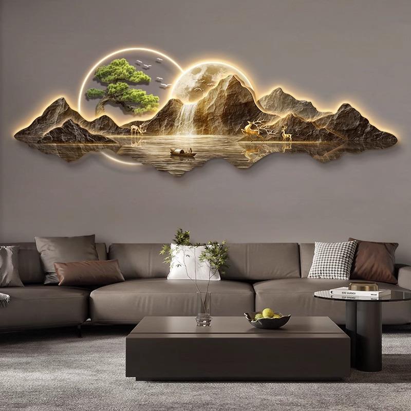 灯光画客厅装饰画有靠山流水生财高端大气LED挂画沙发背景墙壁灯