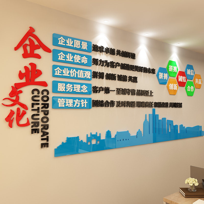 公司背景墙装饰励志语录亚克力立体贴纸办公室企业愿景文化墙定制