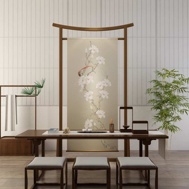 新中式实木屏风软隔断玄关客厅书房座屏酒店餐厅茶楼布艺屏风帘子