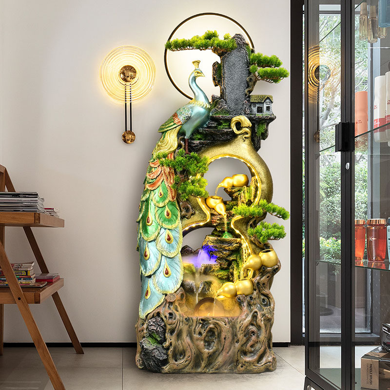 新中式流水景观摆件室内装饰孔雀寓意富贵吉祥开业送礼品免费刻字