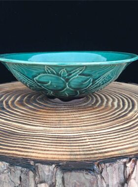 包邮光绪年制绿釉寿桃大口碗瓷器老物件古典民窑古玩老货书房摆件