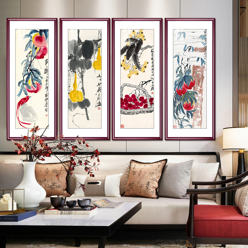 国画齐白石画四联寿桃水墨画新中式客厅装饰画餐厅水果画玄关挂画