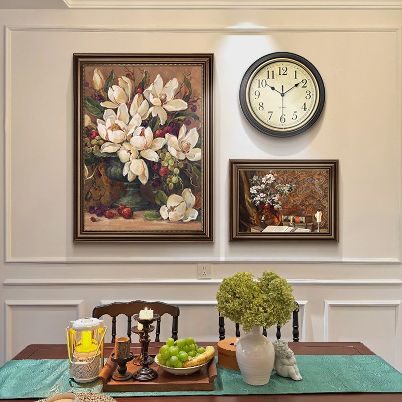 美式餐厅挂画带钟表客厅背景墙装饰画复古组合画挂钟欧式风景壁画