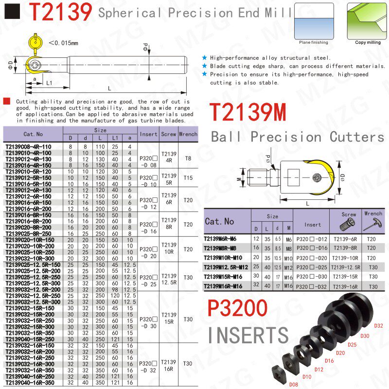 MZG数控球头铣刀杆T2139加工中心CNC装半圆刀片球形精铣刀架R12.5