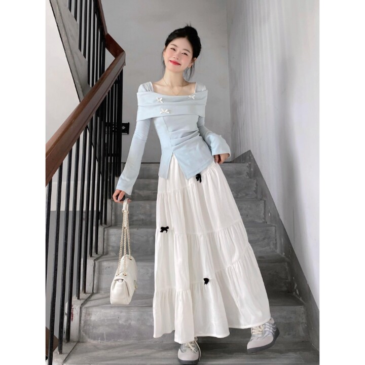 法式蓝色长袖连衣裙子女春装2025超火新款小个子香风气质长裙套装