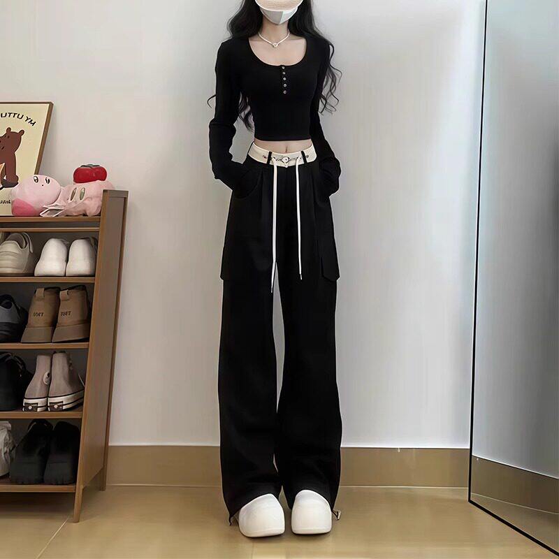 黑色工装裤女夏季新款大尺码胖mm高腰宽松显瘦梨形身材休闲阔腿长