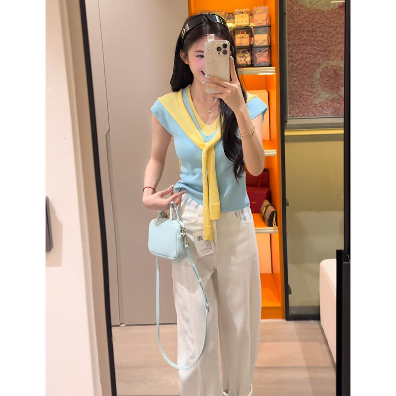 蓝色冰丝针织短袖T恤女夏