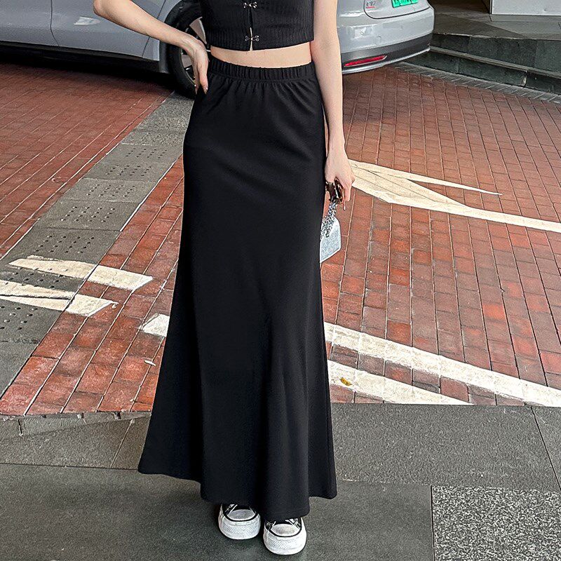 黑色半身裙女夏季薄款新款高腰显瘦中长款A字裙高级感鱼尾长裙