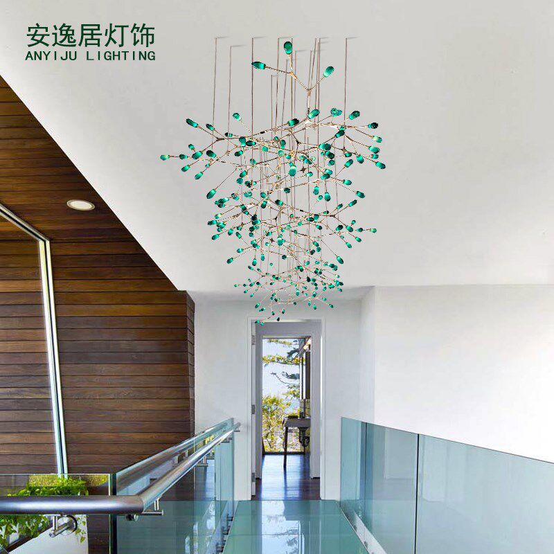 定制手工琉璃绿色树枝分子吊灯酒店工程别墅前台楼盘萤火虫灯具
