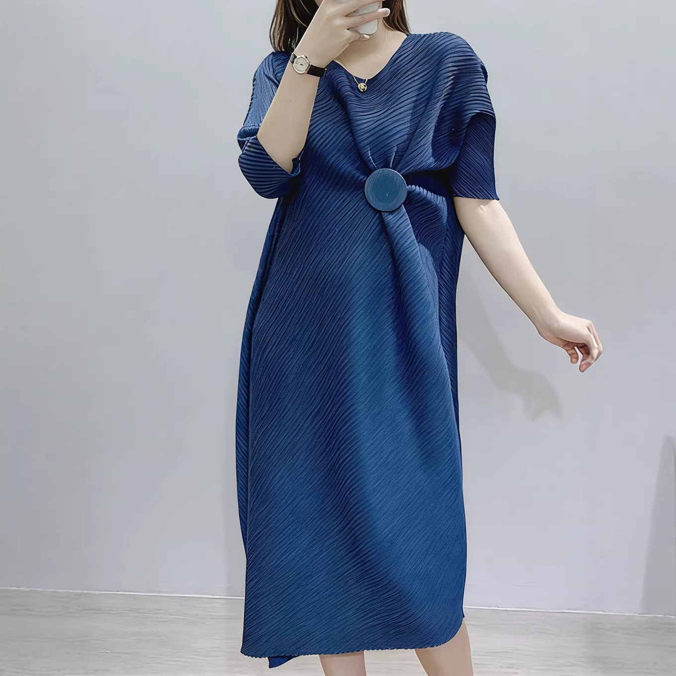 大码女装连衣裙夏季宽松显瘦欧美外贸跨境洋气减龄妈妈装褶皱裙子