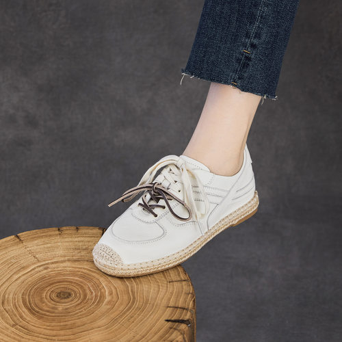 秋季新款德训鞋女真皮休闲运动阿甘系带草编厚底渔夫鞋小白鞋