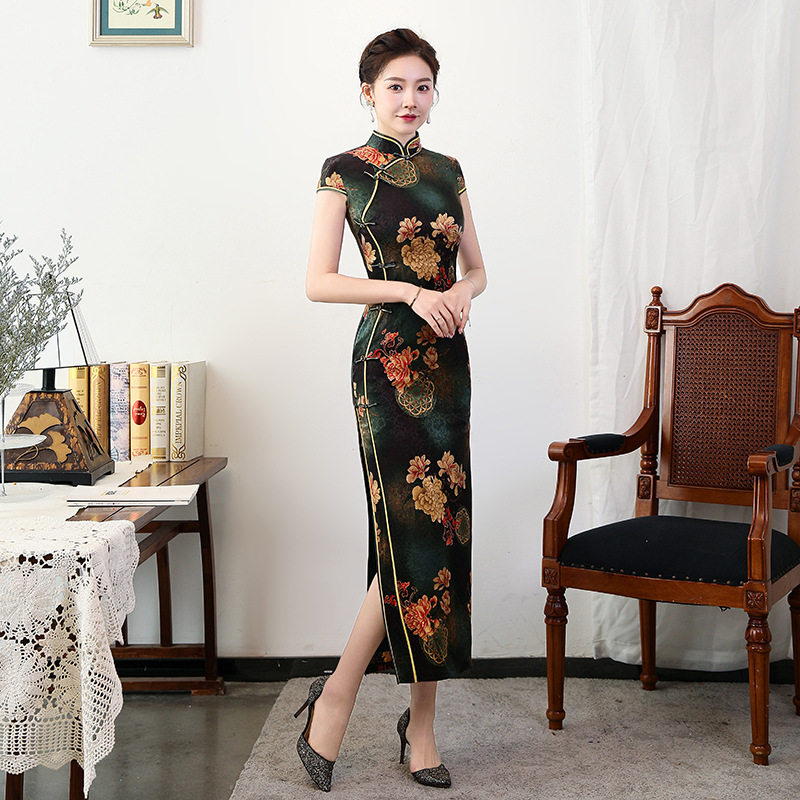 气质连衣裙女真丝长旗袍复古修身中国风演出活动礼服新中式