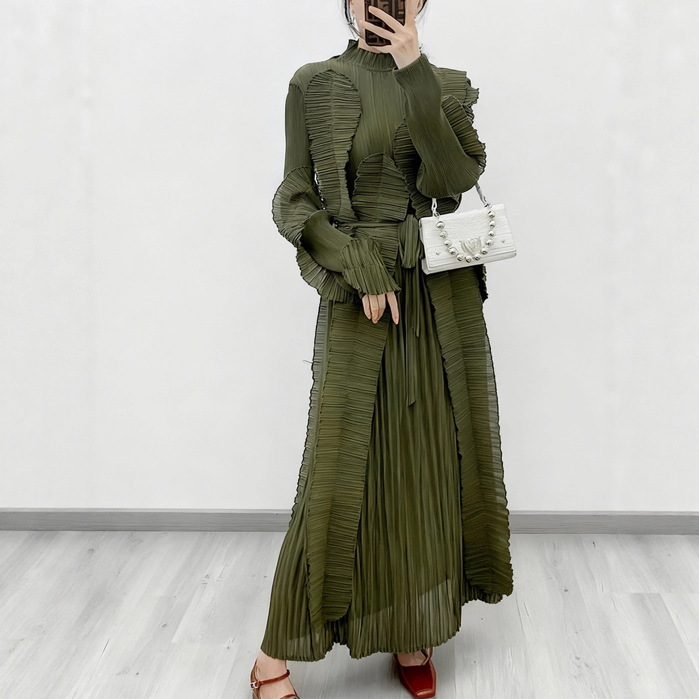 跨境外贸欧美女装连衣裙长裙设计感不规则拼接褶皱大码礼服裙长袖