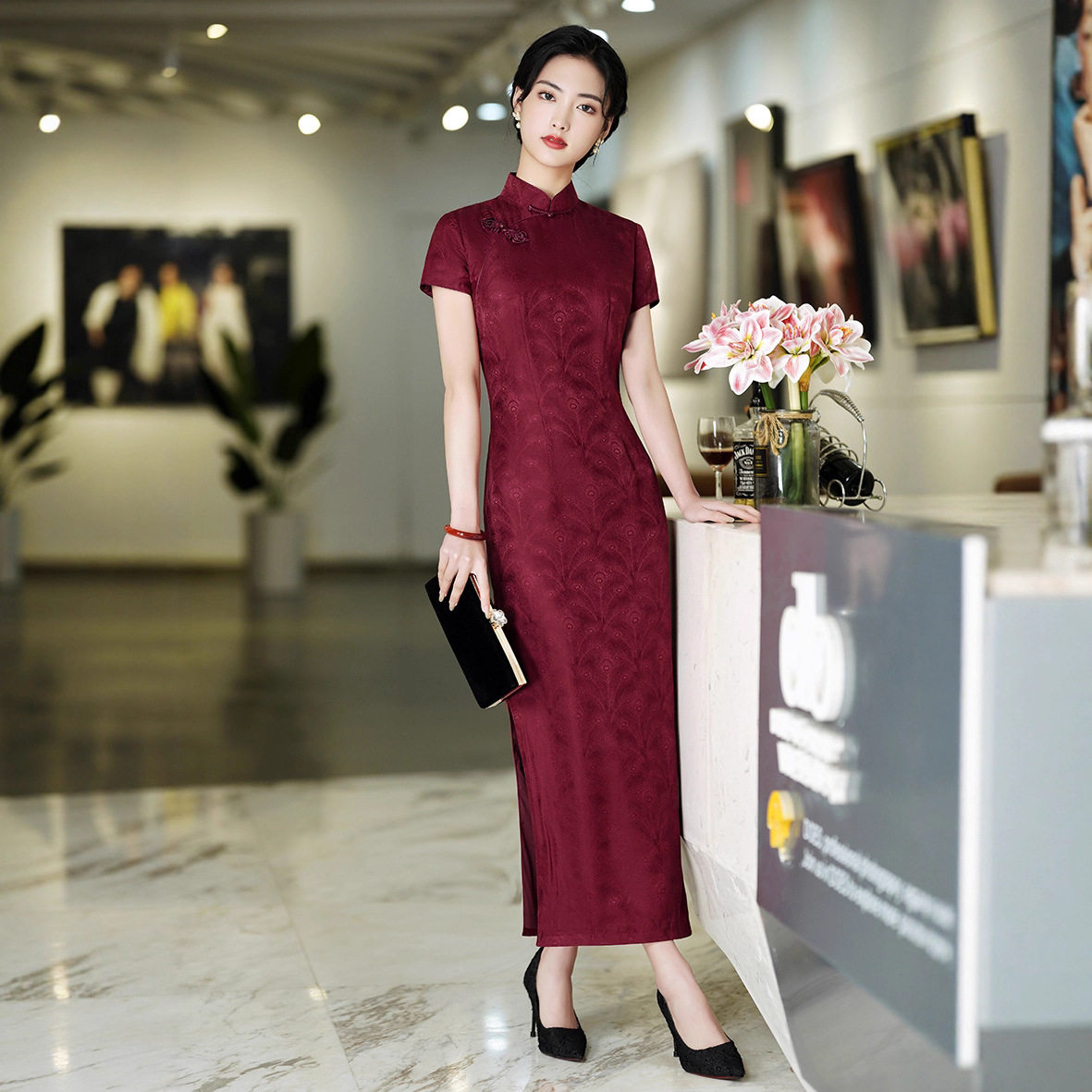 连衣裙女桑蚕丝长旗袍修身中国风演出活动礼服新中式真丝文艺复古