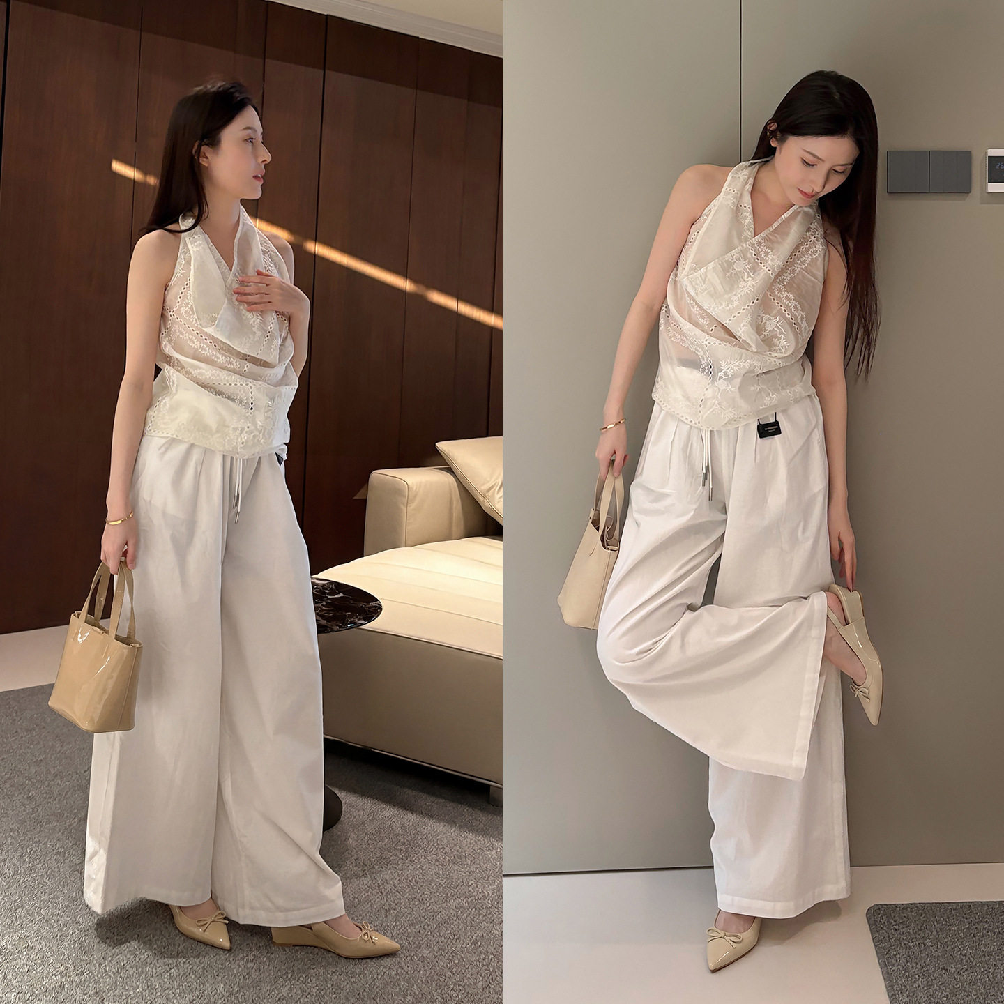 显高舒适坡跟蝴蝶结通勤牛皮尖头高跟浅色真皮包头后空凉鞋女