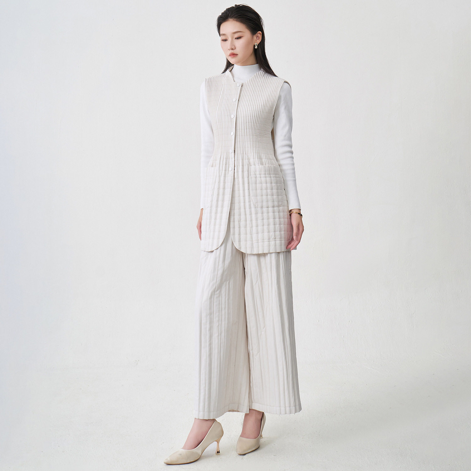 棉服套装高端女装年马甲棉衣外套厚款直筒棉裤百搭褶皱两件套