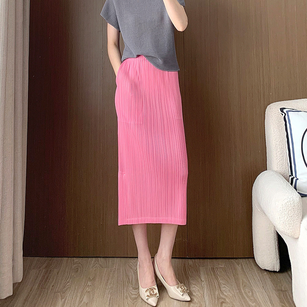 高弹力褶皱包臀裙女夏高腰显瘦设计感小众开叉中长款半身裙