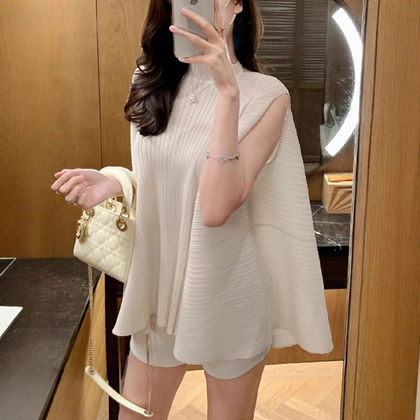夏季设计感褶皱斗篷上衣女士大码无袖T恤女高级感宽松显瘦套头衫