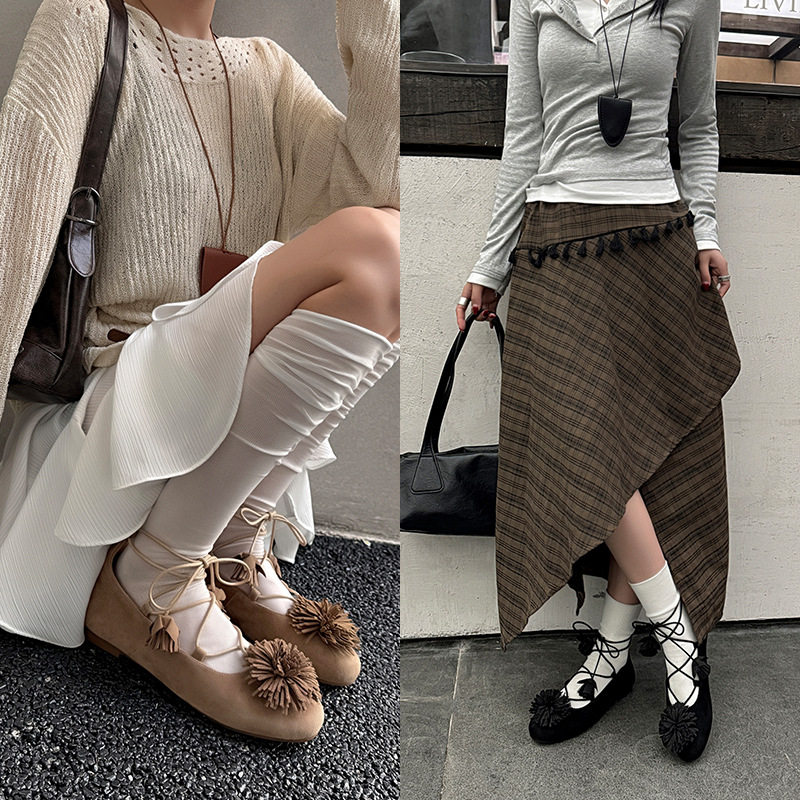 法式文艺范流苏花朵羊反绒面绑带鞋春平底圆头真皮流苏单鞋女