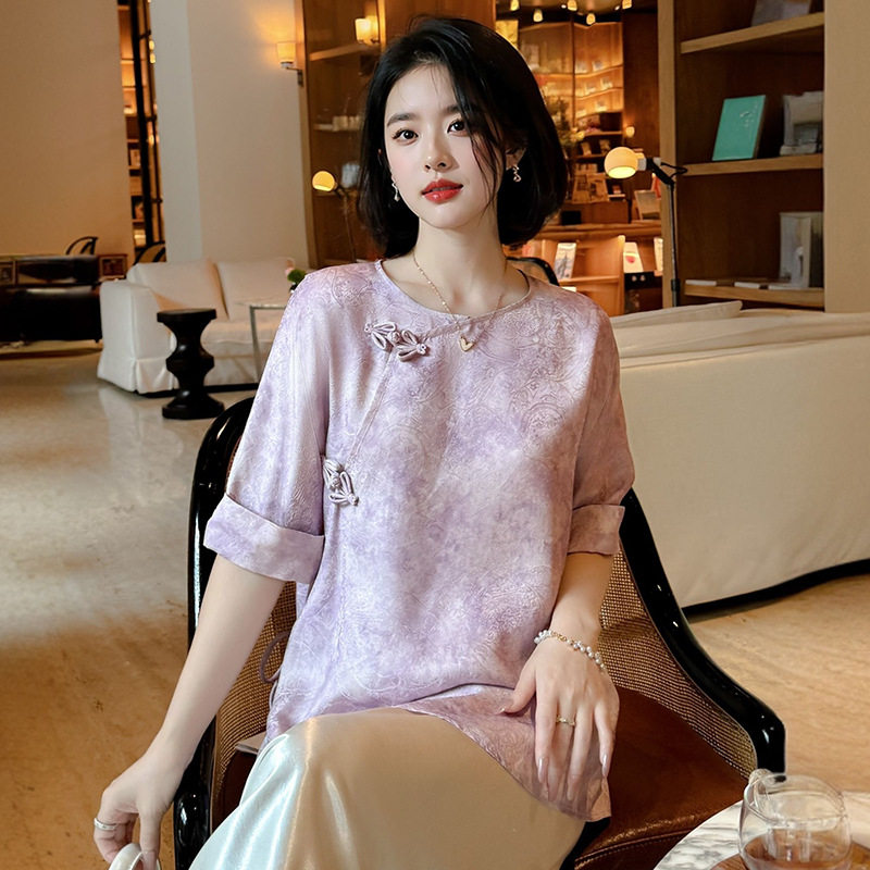 新中式国风高级感人丝香云纱T恤女装夏季中袖斜襟复古唐装上衣