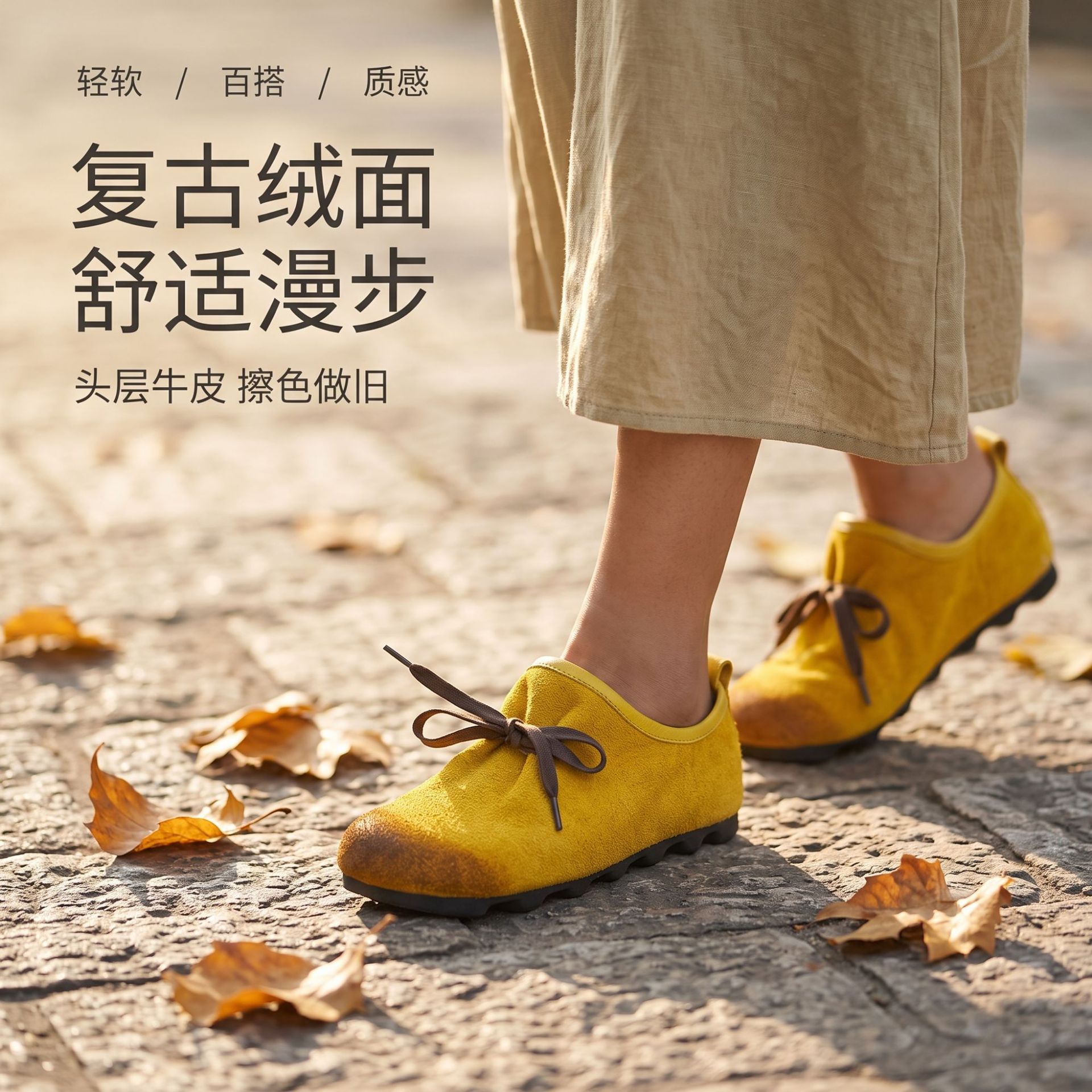 头层牛皮真皮女鞋夏秋新款休闲懒人黄色软底软面不累脚单鞋可