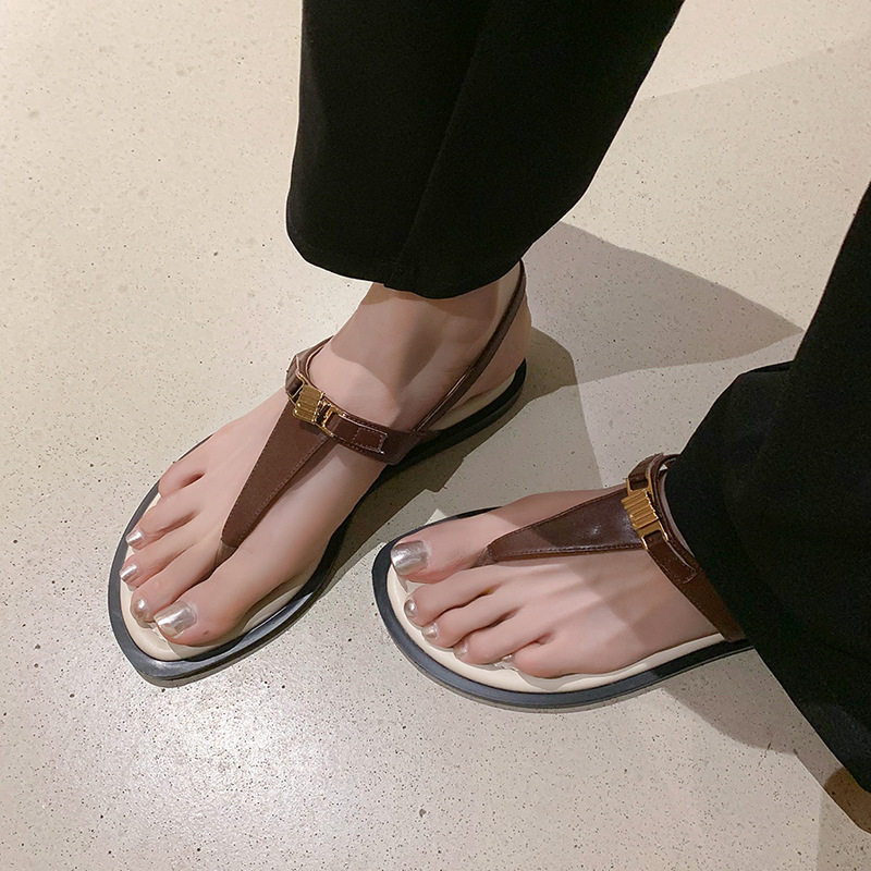 夹趾凉鞋 牛皮罗马平底鞋子夏季夹脚平跟女鞋外穿沙滩鞋