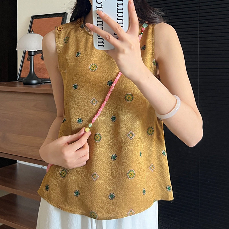 深圳女装品质真丝花萝香云纱无袖背心夏季印花斜襟新中式上衣