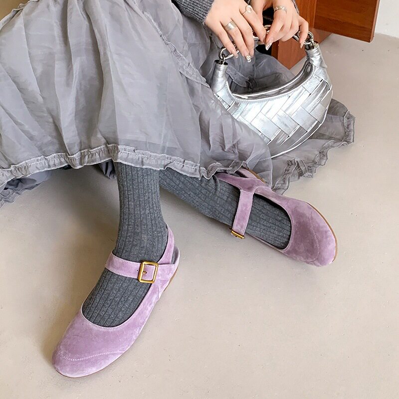 文艺范羊反绒面后空玛丽珍春粗低跟圆头一字扣真皮包头凉鞋女
