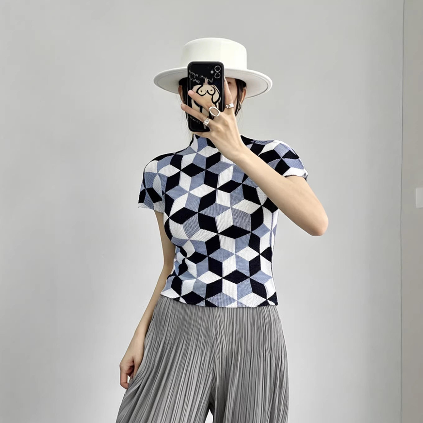 格子短袖上衣女夏修身弹力显瘦套头小衫外穿气质通勤百搭T恤