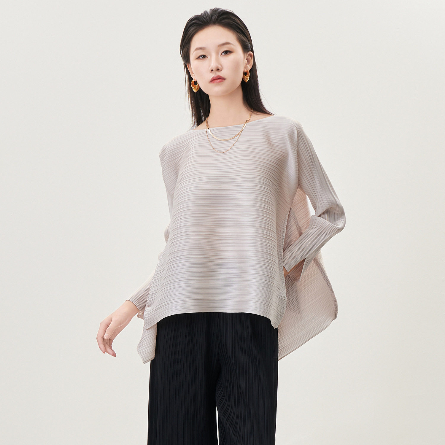 三宅长袖早秋上衣宽松基础款衣服不规则纯色简约百搭T恤女装