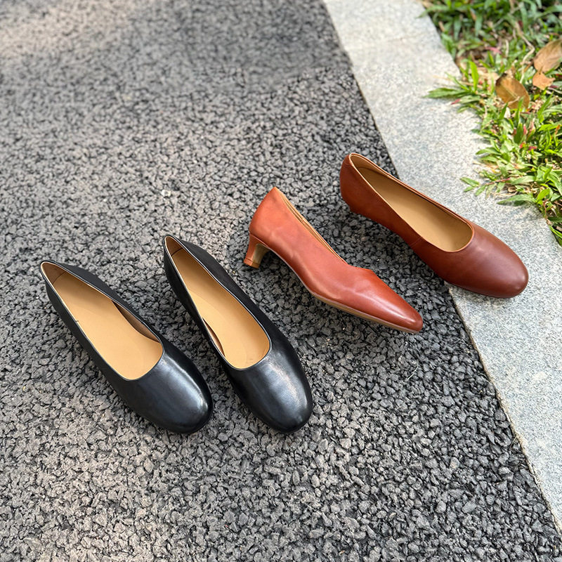新款春季牛皮头层皮细跟高跟鞋工装鞋日常休闲单鞋女鞋