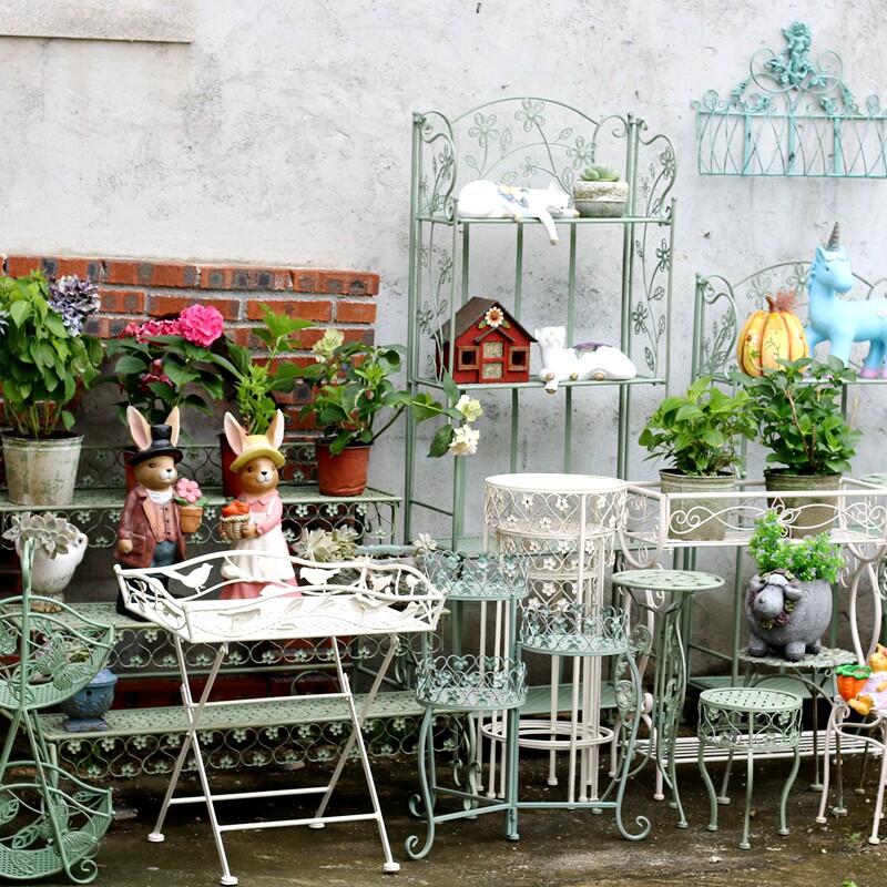 欧式阶梯铁艺花架户外庭院白色艺术可折叠置物架室外阳台复古装饰