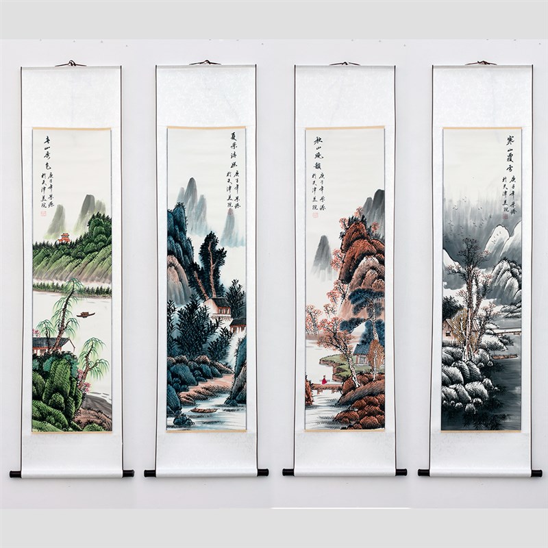 手绘国画山水四条屏春夏秋冬四联客厅书房茶室办公室挂画中式水墨