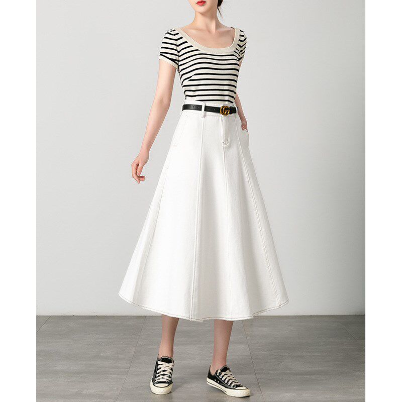 2024夏秋新款高腰白色伞摆含腰带休闲显瘦中长款a字半身牛仔裙女