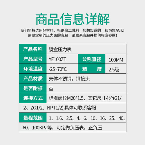 轴向带边膜盒压力表YE100ZT 微压表背接式法兰安装边 全量程可做