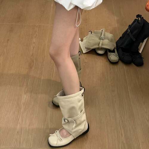H55女鞋夏季新款小众高级韩系蝴蝶结时装中筒靴甜美风玛丽珍鞋