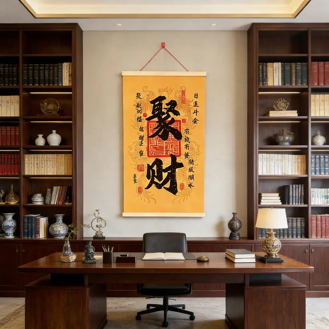 聚财新中式挂画客厅玄关背景墙装饰挂图办公室日进斗金卷轴字画