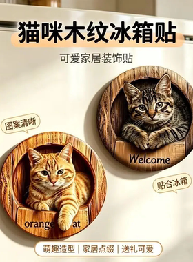 2D亚克力平面冰箱贴可爱仿真圆形小猫洞洞贴创意家居装饰磁性贴