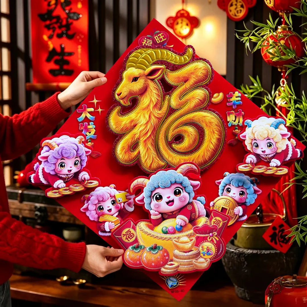 羊年立体烫金福字门贴卡通生肖小羊福贴自带背胶春节入户门装饰