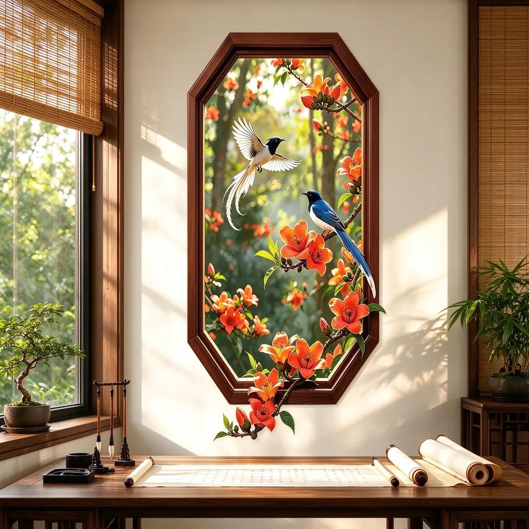 繁花见喜八角框木棉喜鹊墙贴玄关走廊过道自粘壁画假窗花鸟装饰画